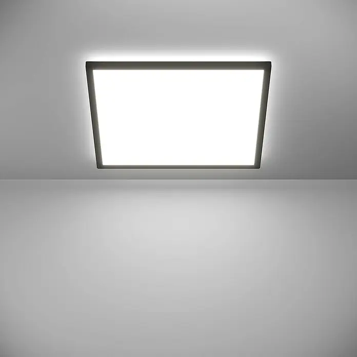 Eglo LED-Deckenleuchte Rovito-R - 17 W, L x B x H: 50 x 50 x 3,2 cm, Schwarz, Tageslichtweiß - Moderne Deckenleuchte mit quadratischem Design, die helles, diffuses Licht in einem minimalistischen Raum erzeugt.