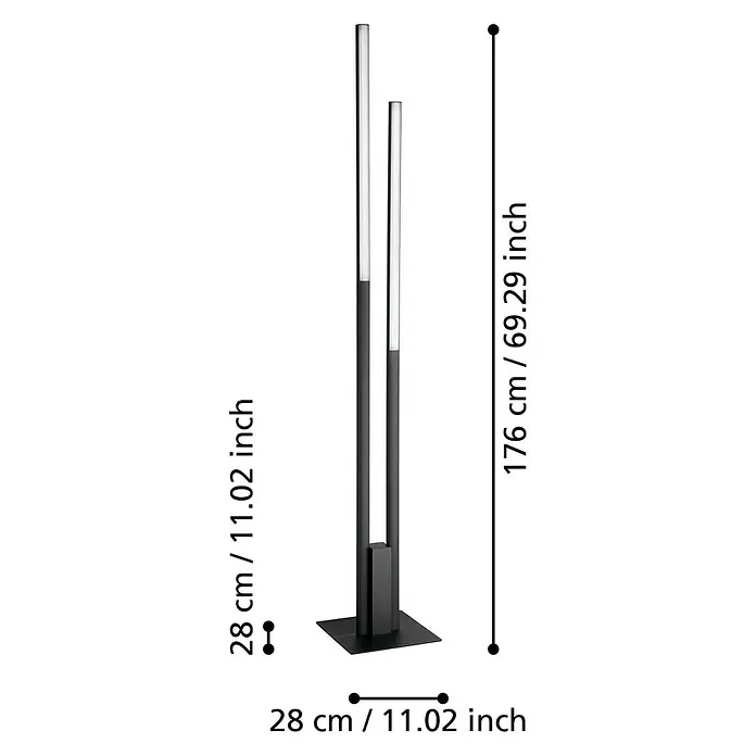 Eglo Connect LED-Stehleuchte Fraioli-Z - Höhe: 176 cm, Schwarz, RGBW - Abbildung einer modernen LED-Stehlampe mit den Maßen 176 cm Höhe und 28 cm Breite.