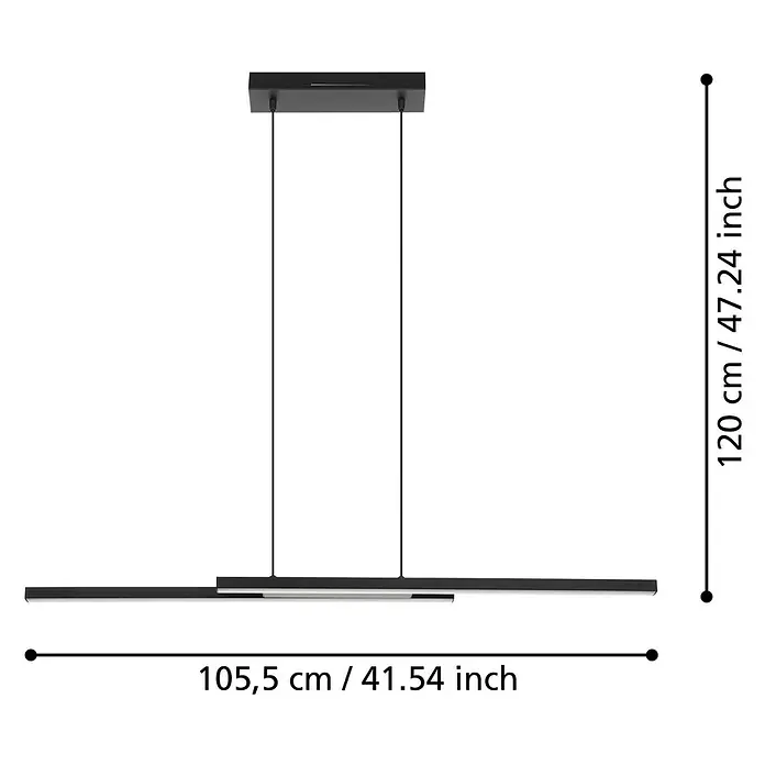 Eglo Connect LED-Pendelleuchte Fraioli-Z - L x B x H: 105,5 x 10 x 120 cm, Schwarz, RGBW - Das Bild zeigt eine moderne, schwarze LED-Pendelleuchte mit den Maßen 120 cm Höhe und 105,5 cm Breite.