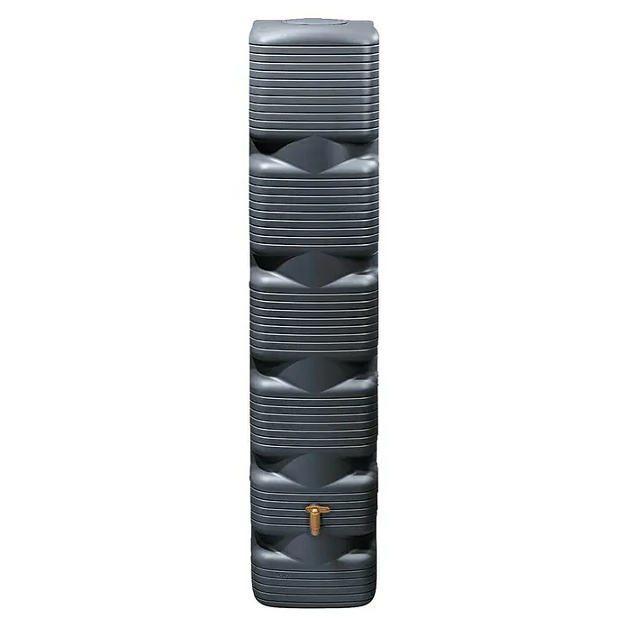 4rain Regenspeicher Quadro - 270 l, Graphitgrau - Grauer, vertikaler Wassertank mit Rippenstruktur und Messingzapfhahn, ideal für die Regenwassernutzung im Garten oder zur Bewässerung.