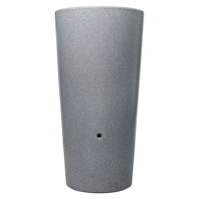 Garantia Modern Line Regenspeicher Stone 2 in 1 - 210 l, Silver - Grauer Regenspeicher mit feiner, gesprenkelter Textur und einem kleinen Ablaufventil, ideal für die Gartenbewässerung.