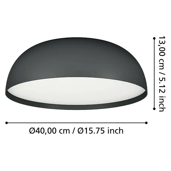 Eglo Connect LED-Deckenleuchte rund Tollos-Z - Ø x H: 40 x 13 cm, Schwarz, Weiß, RGBW - Eine graue, halbkugelförmige Deckenleuchte mit den Maßen 40 cm Durchmesser und 13 cm Höhe. Elegantes Design für stilvolle Beleuchtung.