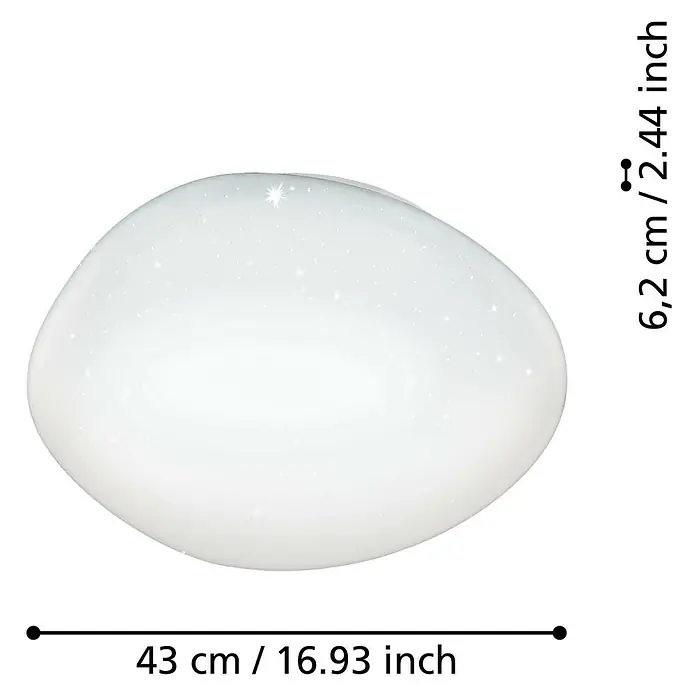 Eglo Connect LED-Deckenleuchte rund Sileras-Z - Ø x H: 43 x 6 cm, Weiß, RGBW - Dieses Bild zeigt eine weiße, unregelmäßig geformte Deckenleuchte mit glitzernden Akzenten. Die Maße sind angegeben.