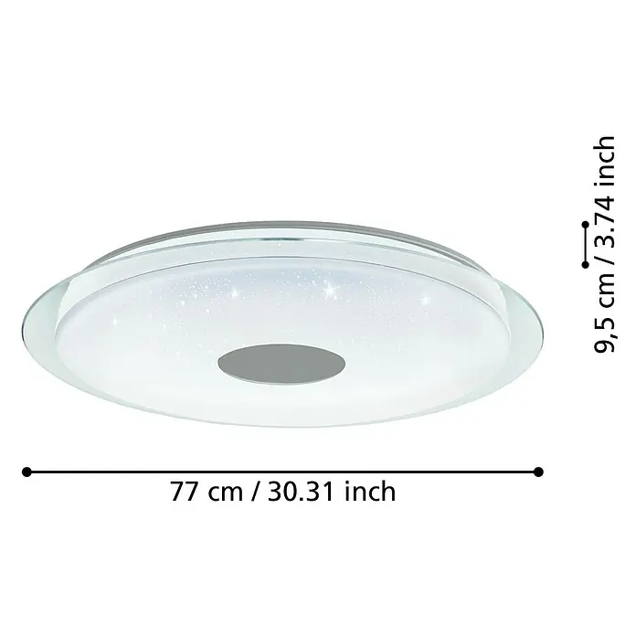Eglo Connect LED-Deckenleuchte rund Lanciano-Z - 38,1 W, Ø x H: 77 x 9,5 cm, Weiß, Transparent, Tageslichtweiß - Abgebildet ist eine runde LED-Deckenleuchte mit Glitzereffekt. Die Lampe hat einen Durchmesser von 77 cm und eine Höhe von 9,5 cm.