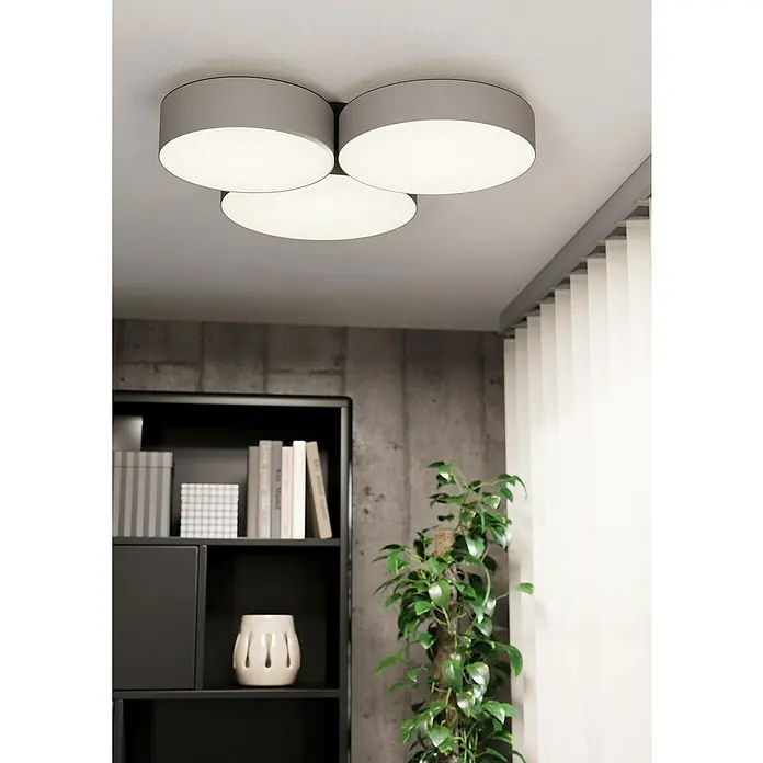 Eglo Connect LED-Deckenleuchte Barbano-Z - L x B x H: 56,5 x 60,5 x 9 cm, Schwarz, RGBW - Deckenleuchte mit drei runden Lampenschirmen in Grau, die ein modernes und helles Ambiente erzeugt. Perfekt für stilvolle Innenräume.