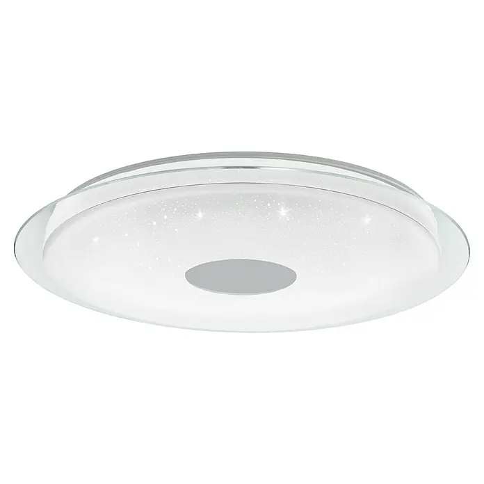 Eglo Connect LED-Deckenleuchte rund Lanciano-Z - 38,1 W, Ø x H: 77 x 9,5 cm, Weiß, Transparent, Tageslichtweiß - Nahaufnahme einer runden Deckenleuchte mit Sternenhimmel-Effekt und zentraler Aussparung, ideal für moderne Innenräume.