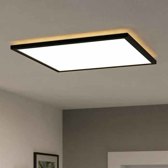 Eglo LED-Deckenleuchte Rovito - 17 W, L x B x H: 50 x 50 x 3,2 cm, Schwarz, Tageslichtweiß - Moderne, quadratische LED-Deckenleuchte mit schwarzem Rahmen und sanfter Hintergrundbeleuchtung für eine angenehme Raumatmosphäre.