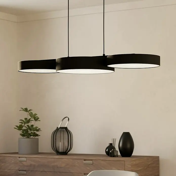 Eglo Connect LED-Pendelleuchte Barbano-Z - 7,5 W, L x B x H: 82 x 30 x 110 cm, Schwarz, RGBW - Moderne Pendelleuchte mit drei schwarzen, runden Schirmen, die ein warmes Licht spenden und für eine angenehme Atmosphäre sorgen.