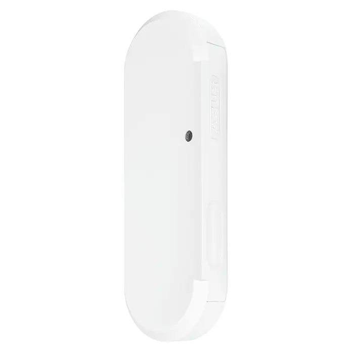 Abus Erschütterungssensor Smartvest Pro FUEM45000 - Reichweite ca.: 100 m - Nahaufnahme eines weißen ABUS Fenstergriffs mit abgerundeten Kanten und einem kleinen Loch, das für Sicherheit und moderne Optik sorgt.