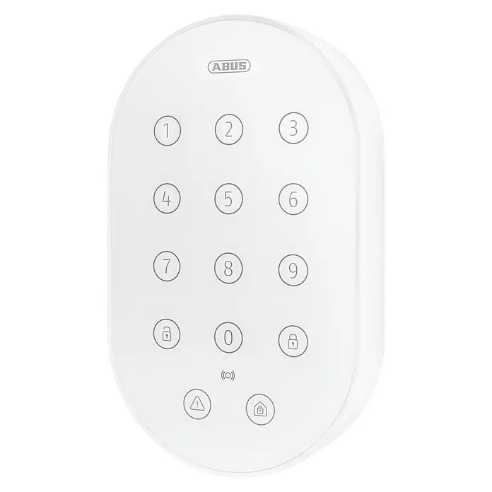 Abus Alarmanlagen-Bedienelement Smartvest Pro FUBE45010 - Passend für: Funk-Alarmanlage Smartvest Pro, L x B x H: 128 x 78 x 158 mm - Nahaufnahme des ABUS Keypad mit Zifferntasten und zusätzlichen Tasten zur Steuerung. Es ist in einem schlichten, weißen Design gehalten.