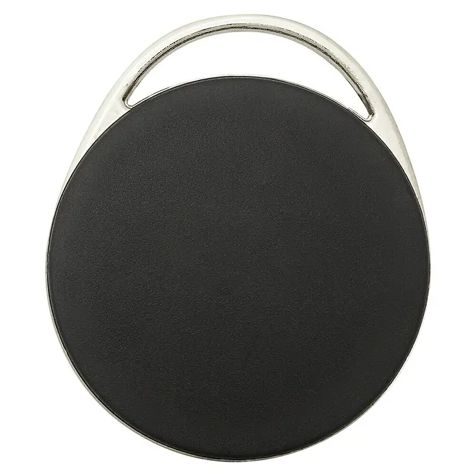 Abus RFID-Badge ID Schlüsselanhänger Smartvest Pro FUPC45000 - Passend für: Funk-Alarmanlage Smartvest Pro, 30 mm - Ein runder, schwarzer Lautsprecher mit silberfarbenem Griff. Das minimalistische Design macht ihn zu einem schicken Accessoire für unterwegs.