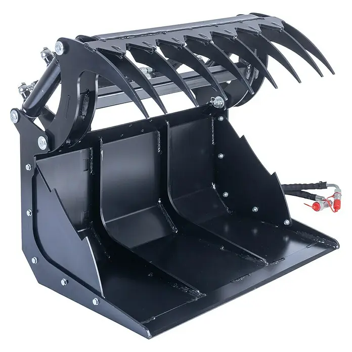 Scheppach Greifschaufel - 80 l, Passend für: Scheppach Kompaktlader MKL730 - Das Bild zeigt eine robuste, schwarze Greiferschaufel, ideal für schwere Lasten und anspruchsvolle Arbeiten. Perfekt für den Einsatz in Landwirtschaft und Bauwesen.