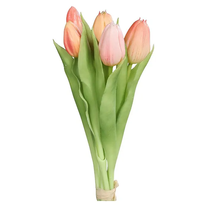 Kunstblume Tulpen - Höhe: 31 cm, Apricot, Pink (sortiert) - Nahaufnahme eines Bündels aus zarten, pastellfarbenen Tulpen, kunstvoll arrangiert und mit einem Band zusammengebunden, perfekt für eine elegante Dekoration.