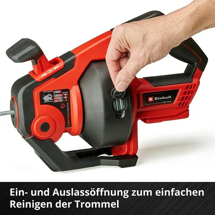 Einhell Power X-Change 18V Akku-Rohrreinigungsgerät TE-DA 18/760 Li-Solo - 18 V, Ohne Akku - Ein- und Auslassöffnung zum einfachen Reinigen der Trommel. Die Einhell Rohrreinigungsspirale ist ein unverzichtbares Werkzeug für jeden Handwerker.