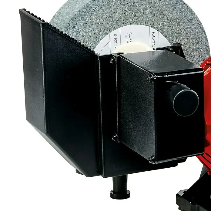 Einhell Nass-Trocken Doppelschleifer TC-WD 200/150 - 170 W, Durchmesser Schleifscheibe: 200 mm, 2.980 U/min - Detailansicht einer Schleifmaschine, die die robuste Bauweise und die Schutzvorrichtungen hervorhebt.