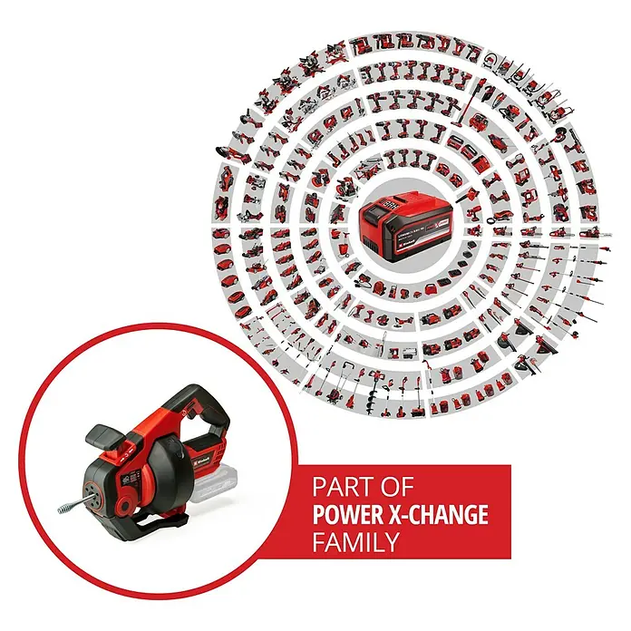 Einhell Power X-Change 18V Akku-Rohrreinigungsgerät TE-DA 18/760 Li-Solo - 18 V, Ohne Akku - Einhell Power X-Change Familie präsentiert eine Vielzahl von Akku-Werkzeugen, darunter eine Rohrreinigungsspirale mit Akku.