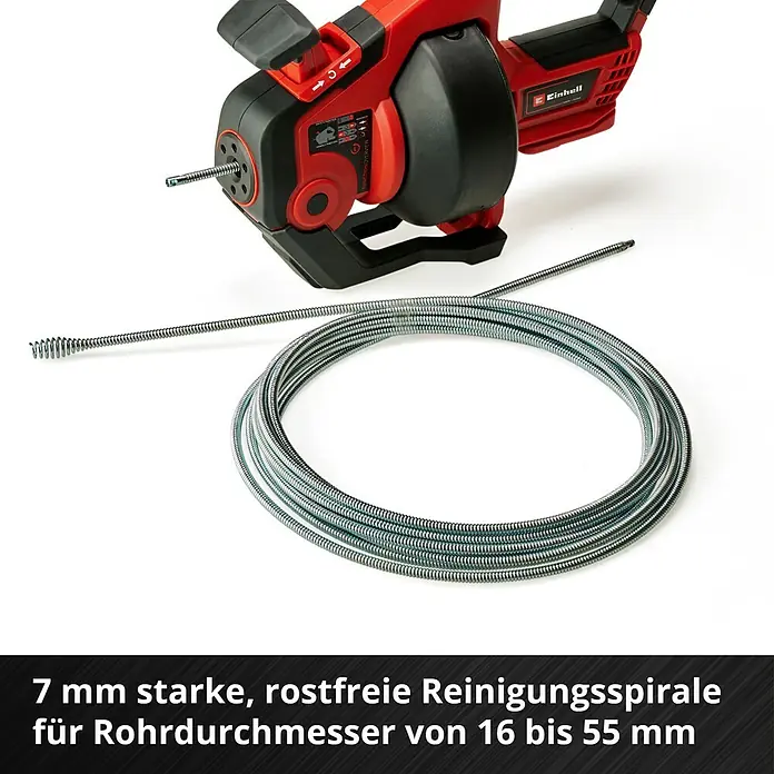 Einhell Power X-Change 18V Akku-Rohrreinigungsgerät TE-DA 18/760 Li-Solo - 18 V, Ohne Akku - Abflussreiniger mit 7 mm starker, rostfreier Reinigungsspirale für Rohrdurchmesser von 16 bis 55 mm.