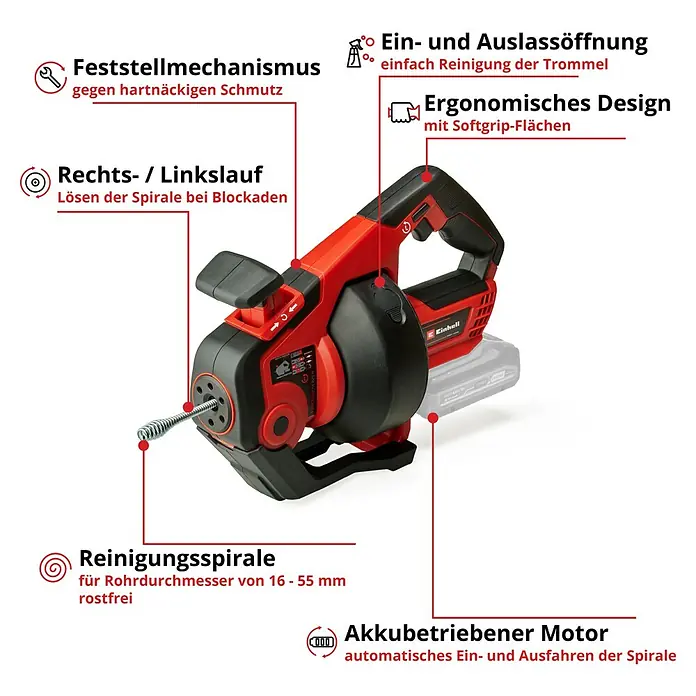 Einhell Power X-Change 18V Akku-Rohrreinigungsgerät TE-DA 18/760 Li-Solo - 18 V, Ohne Akku - Abbildung einer roten und schwarzen Einhell Rohrreinigungsspirale mit verschiedenen Textbeschreibungen, die ihre Funktionen hervorheben.