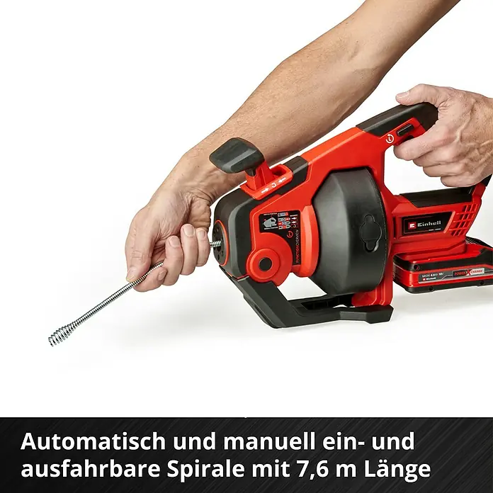 Einhell Power X-Change 18V Akku-Rohrreinigungsgerät TE-DA 18/760 Li-Solo - 18 V, Ohne Akku - Einhell Akku-Rohrreinigungsspirale: Automatische und manuelle Spirale mit 7,6 m Länge zur Reinigung von Abflussrohren.
