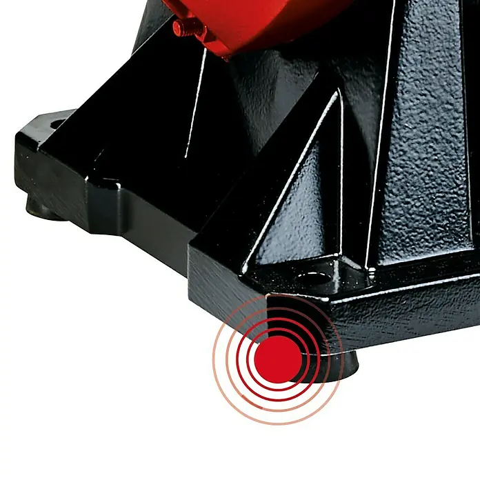 Einhell Nass-Trocken Doppelschleifer TC-WD 200/150 - 170 W, Durchmesser Schleifscheibe: 200 mm, 2.980 U/min - Detailansicht des robusten schwarzen Sockels einer Maschine, der Stabilität und sicheren Stand bietet.