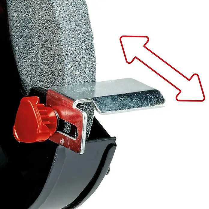Einhell Nass-Trocken Doppelschleifer TC-WD 200/150 - 170 W, Durchmesser Schleifscheibe: 200 mm, 2.980 U/min - Nahaufnahme einer Schleifmaschine, die die einstellbare Werkzeugauflage für präzises Schleifen zeigt.