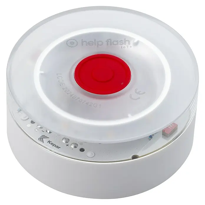 Luz de emergencia Help Flash IoT+ - Apto para: Avería en el vehículo - Un dispositivo Help Flash IoT, una baliza luminosa de emergencia con un botón rojo en el centro.