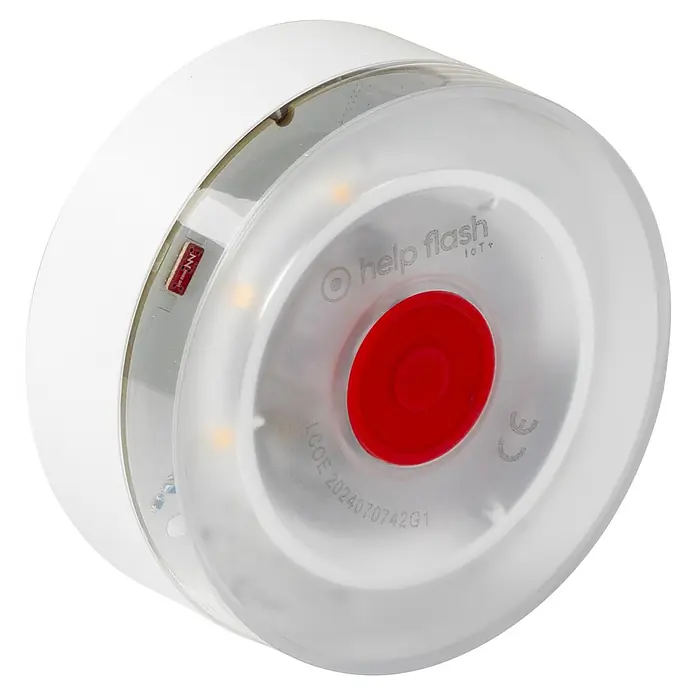 Luz de emergencia Help Flash IoT+ - Apto para: Avería en el vehículo - Primer plano de una luz de emergencia Help Flash IoT+, que tiene una carcasa blanca y un botón rojo.