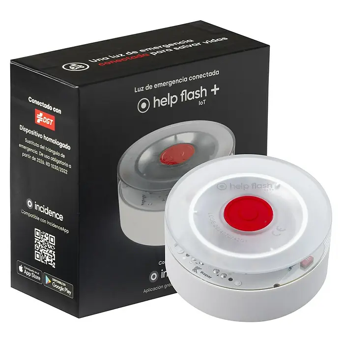 Luz de emergencia Help Flash IoT+ - Apto para: Avería en el vehículo - En la imagen se muestra una luz de emergencia Help Flash IoT junto con su embalaje, una solución fiable para emergencias.
