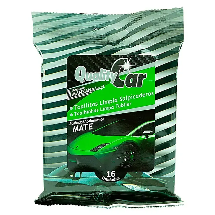 Toallitas limpiadoras QC - 16 ud., Manzana - Imagen de un paquete de toallitas limpiadoras Quality Car para coches, ideales para el cuidado de superficies con acabado mate.