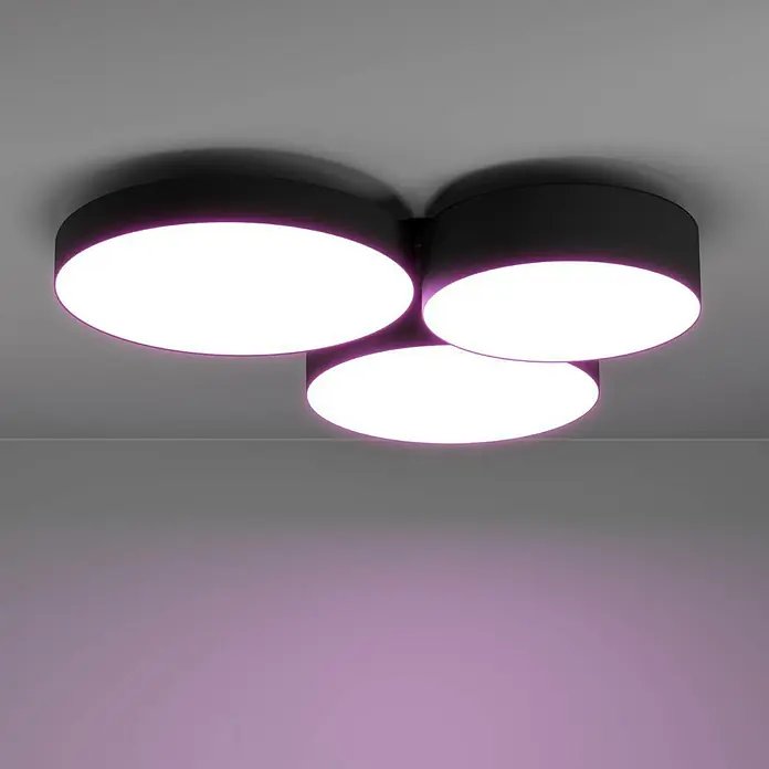 Eglo Connect LED-Deckenleuchte Barbano-Z - L x B x H: 60,5 x 56,5 x 9 cm, Schwarz, RGBW - Deckenleuchte mit drei runden, leuchtenden Flächen und schwarzem Rahmen für modernes Ambiente.