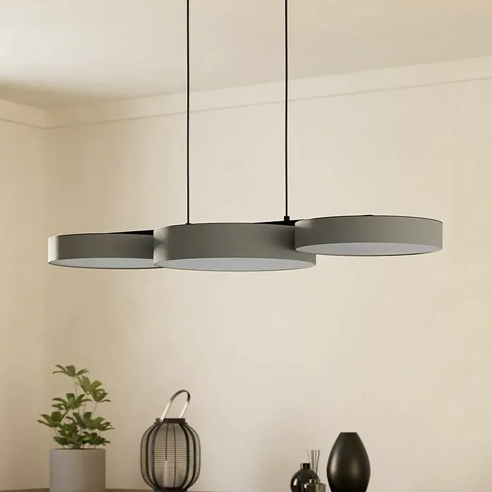 Eglo Connect LED-Pendelleuchte Barbano-Z - L x B x H: 82 x 30 x 110 cm, Grau, RGBW - Graue Hängeleuchte mit drei runden Schirmen. Elegante Beleuchtung für Esszimmer oder Wohnbereich.