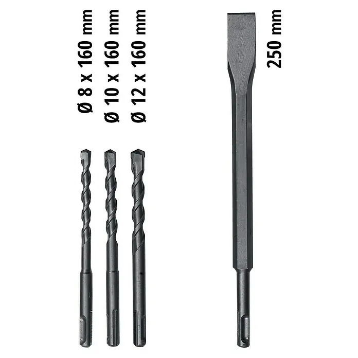 Einhell Kombihammer TC-RH 620 4F Kit - 620 W, 2,2 J, SDS-Plus-Aufnahme - Bohrer-Set mit Durchmessern von 8, 10 und 12 mm, alle 160 mm lang, plus ein 250 mm langer Meißel für Hammerbohrer.