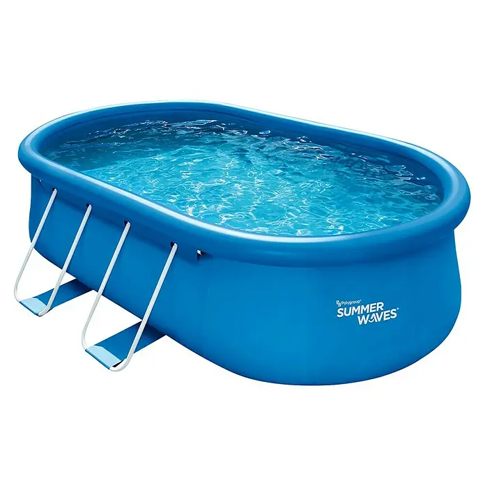 Quick-Up-Pool Summer Waves - L x B x H: 457 x 305 x 107 cm, Blau, 8.670 l, Oval - Bild eines blauen Summer Waves Pools mit weißem Rahmen und klarem Wasser. Ideal für sommerlichen Badespaß im eigenen Garten.