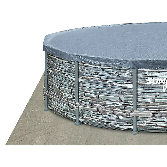 Frame-Pool Summer Waves Elite - Ø x H: 427 x 107 cm, Steingrau, 13.294 l - Ein runder Pool mit einer grauen Abdeckung und einer Steinwandstruktur, der auf einem betonierten Untergrund steht.