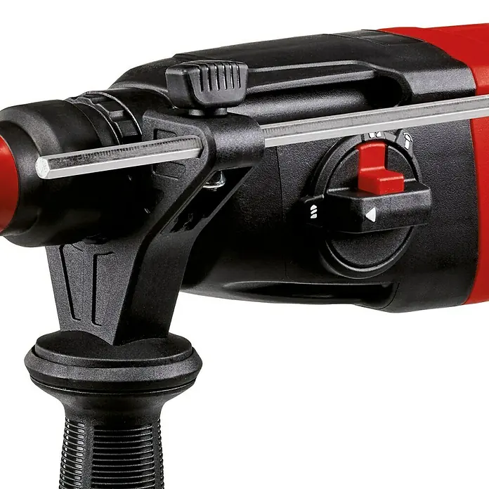 Einhell Kombihammer TC-RH 620 4F Kit - 620 W, 2,2 J, SDS-Plus-Aufnahme - Nahaufnahme einer Einhell-Bohrmaschine, die Details wie den Griff und die Bedienelemente hervorhebt.