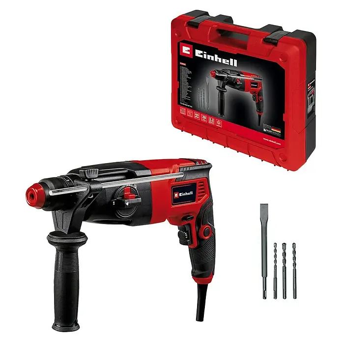 Einhell Kombihammer TC-RH 620 4F Kit - 620 W, 2,2 J, SDS-Plus-Aufnahme - Ein roter Einhell Bohrhammer mit schwarzem Zusatzhandgriff und einem roten Werkzeugkoffer. Dieses Set bietet Leistung und Komfort für Heimwerker.