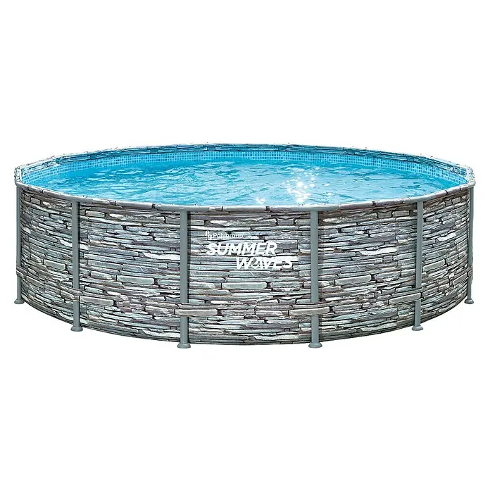 Frame-Pool Summer Waves Elite - Ø x H: 427 x 107 cm, Steingrau, 13.294 l - Ein rundes Summer Waves-Aufstellpool mit Steinmuster und blauem Wasser. Ideal für sommerlichen Badespaß im eigenen Garten.