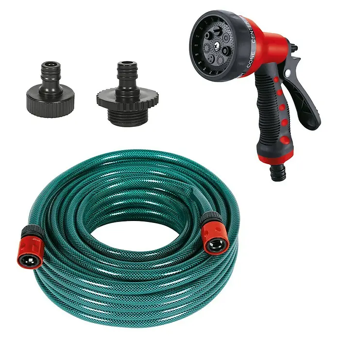 Einhell Zubehör-Set Druckseite (OFP) - 7 -tlg., Größe Anschluss: 33,3 mm (G 1″) - Gartenbewässerungsset mit Schlauch, Sprühpistole und Anschlussstücken für die Bewässerung im Garten.