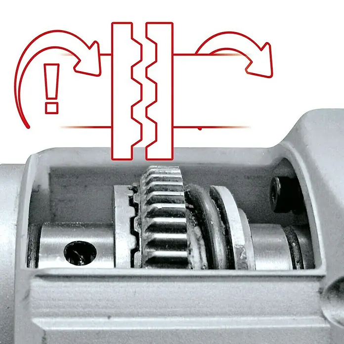 Einhell Kombihammer TC-RH 620 4F Kit - 620 W, 2,2 J, SDS-Plus-Aufnahme - Detailaufnahme eines Getriebes mit Hinweisen zu Drehrichtungen, das die Mechanik und Funktionsweise des Produkts hervorhebt.