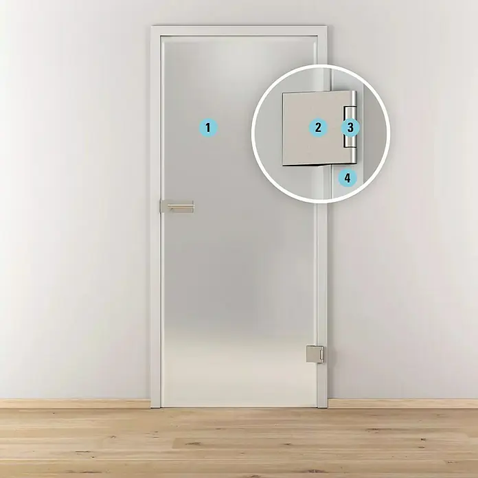 Diamond Doors Rahmenteil - 2 Stk., Geeignet für: Holzzargen, Passend für: Diamond Doors 3-tlg. Office Bänder - Nahaufnahme einer Glastür mit silbernen Scharnieren und Griff. Ideal für moderne Badezimmer oder Büros, bietet sie Stil und Funktionalität.