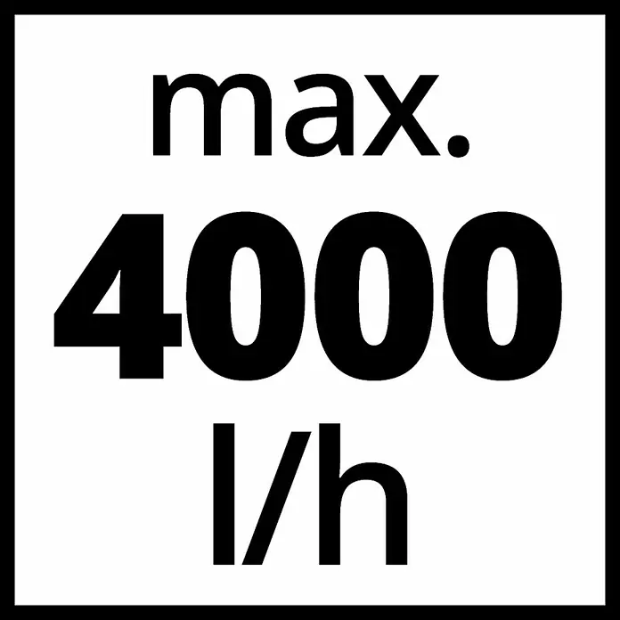 Einhell Vorfilter - Passend für: Einhell Gartenpumpen, Hauswasserwerke und Hauswasserautomaten - Maximaler Durchfluss: Das Symbol zeigt einen maximalen Durchfluss von 4000 Litern pro Stunde an, dargestellt in einem schwarzen und weißen Design.