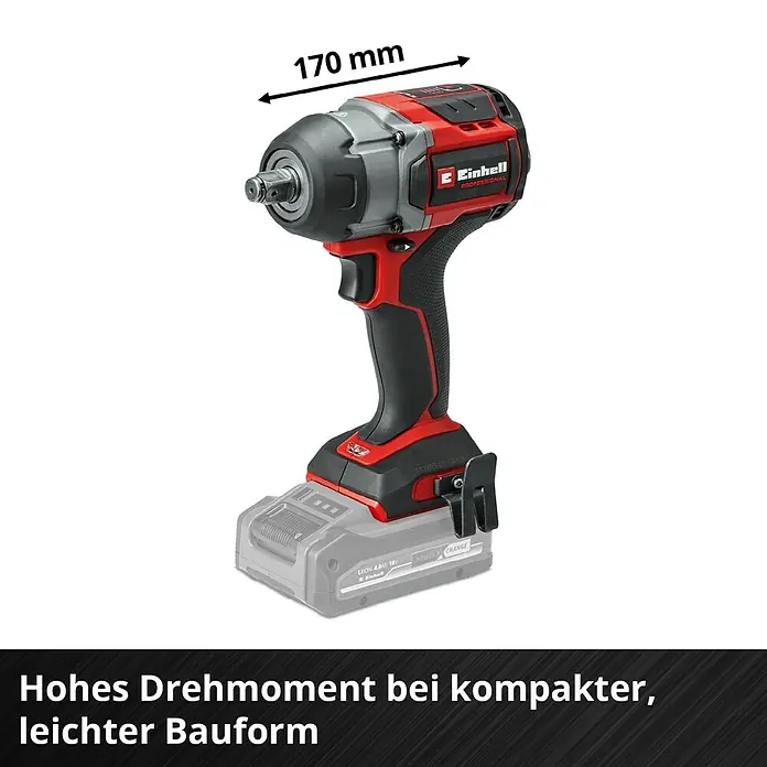 Einhell Power X-Change 18V Akku-Schlagschrauber TP-CW 18/750-C LI BL - 18 V, Ohne Akku, 750 Nm - Abbildung eines Einhell Akku-Schlagschraubers mit einer Länge von 170 mm, ideal für kraftvolle Schraubarbeiten in kompakter Bauform.