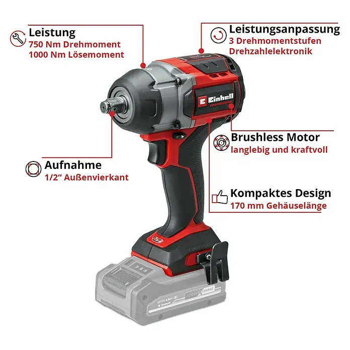 Einhell Power X-Change 18V Akku-Schlagschrauber TP-CW 18/750-C LI BL - 18 V, Ohne Akku, 750 Nm - Abbildung eines Einhell Akku-Schlagschraubers mit technischen Details zu Leistung, Drehmoment, Aufnahme und Design.