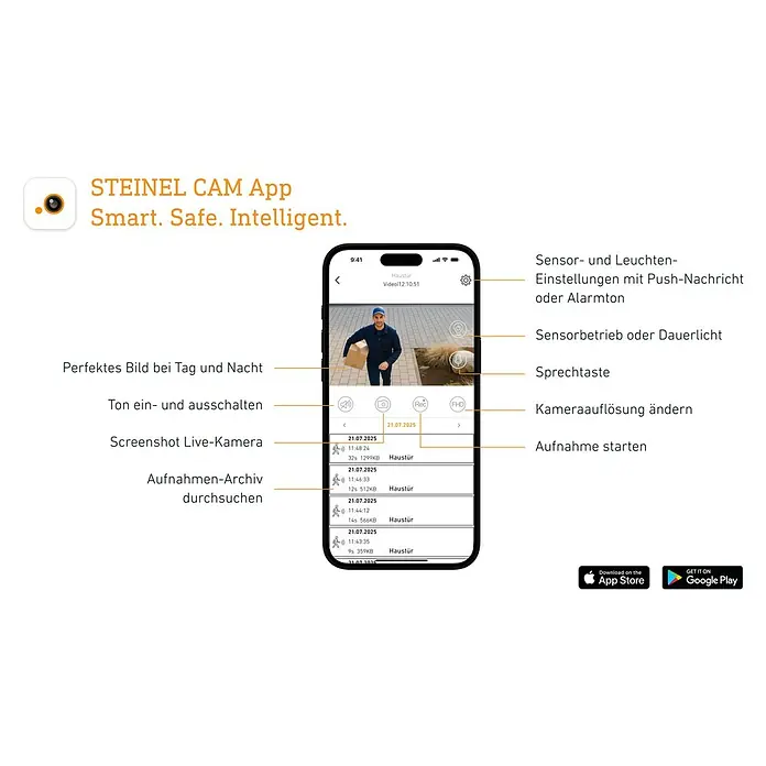 Steinel LED-Strahler CAM 2 SC - 21 W, 2.310 lm, 3.000 K, IP44 - Screenshot der STEINEL CAM App, die Smart Home Sicherheit mit intelligenten Funktionen bietet, um Ihr Zuhause zu schützen.