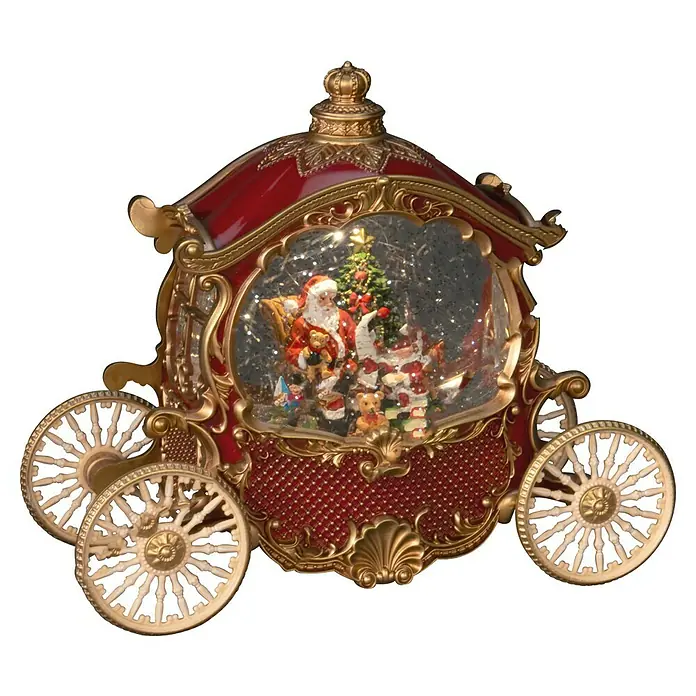 Konstsmide LED-Schneelaterne Kutsche - Innen, Rot, 26 x 11,5 x 22,6 cm, Batteriebetrieben - Festlicher Weihnachtsschneekugel-Karussell mit Santa und Figuren, geschmückt mit Goldakzenten und rotem Gehäuse.