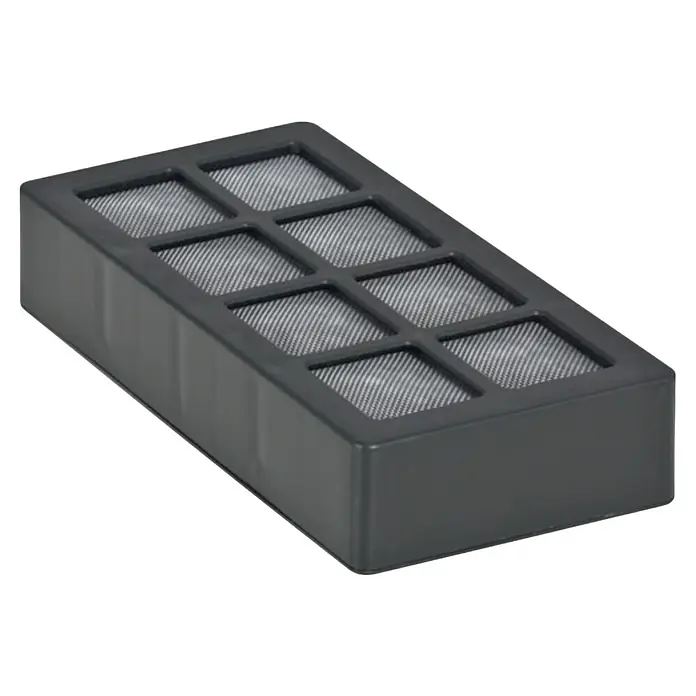 Geberit Aktivkohlefilter Typ 1 - Passend für: Geberit Sigma40 - Nahaufnahme eines schwarzen Luftreinigungsfiltereinsatzes mit acht rechteckigen Fächern, die mit einem feinen grauen Netzgewebe gefüllt sind.