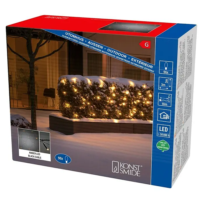Konstsmide LED-Lichtnetz - Außen, Lichtfarbe: Bernstein, Netzbetrieben - Bild einer Verpackung mit Amber LED Lichterkette für den Außenbereich mit schwarzem Kabel und 96 LEDs.