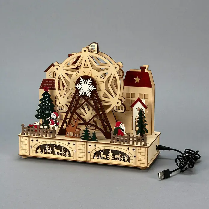 Konstsmide LED-Szenerie Weihnachtsmarkt - L x B x H: 28 x 12 x 24,5 cm, Weiß, Batteriebetrieben, LED - Festliche Holzdekoration mit beleuchtetem Riesenrad, Weihnachtsmann und Tannenbaum. Ein zauberhafter Blickfang für die Weihnachtszeit.