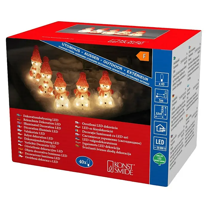Konstsmide LED-Lichterkette Schneemänner - Innen, Lichtfarbe: Warmweiß, Anzahl Leuchtmittel: 40 Stk., Netzbetrieben - Verpackung der Konst Smide LED-Lichterkette mit Schneemann-Motiv für den Außenbereich, energiesparend und langlebig.