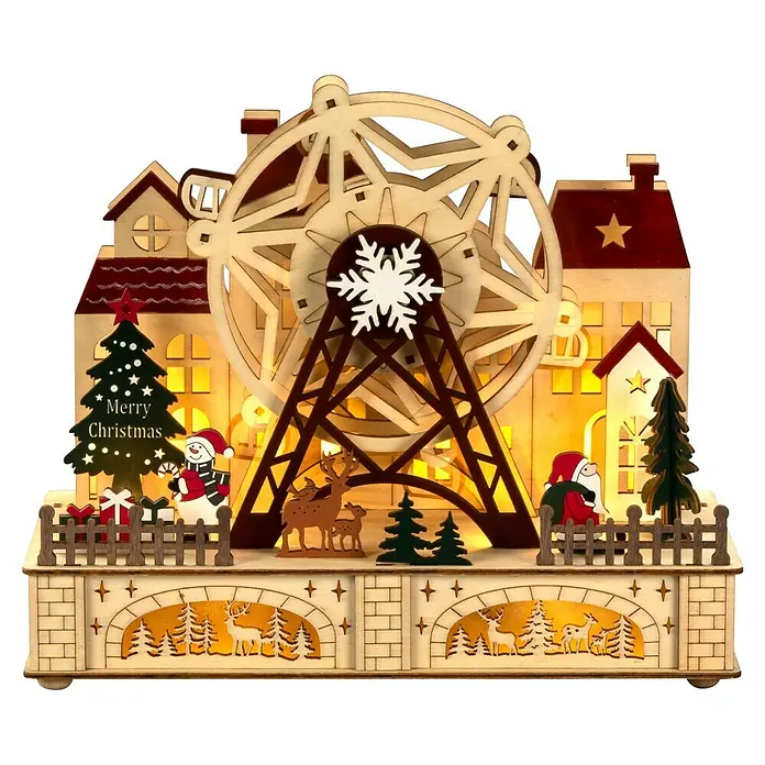 Konstsmide LED-Szenerie Weihnachtsmarkt - L x B x H: 28 x 12 x 24,5 cm, Weiß, Batteriebetrieben, LED - Eine festliche, aus Holz gefertigte Weihnachtsdekoration mit einem beleuchteten Riesenrad als zentralem Blickfang und weihnachtlichen Motiven.